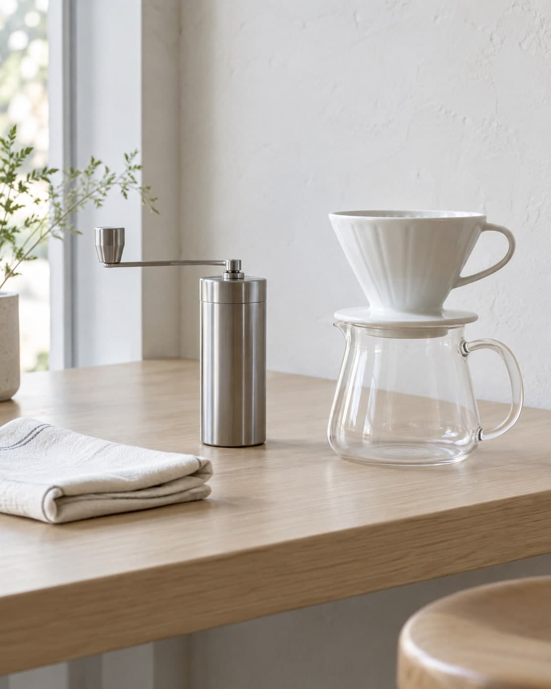 A steel hand grinder, white dripper, and folded cloth on the oak bar