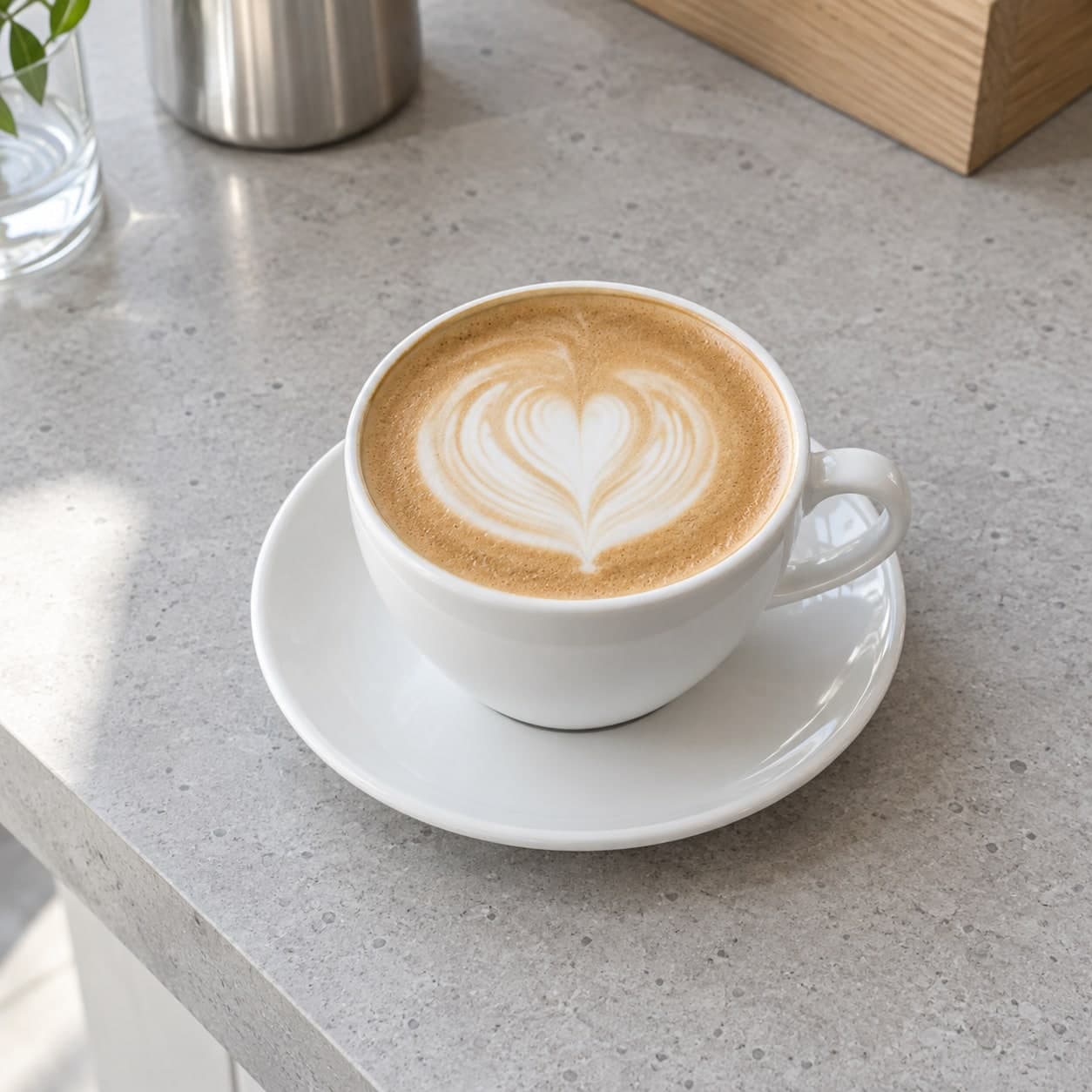 Flat white with a thin layer of milk foam