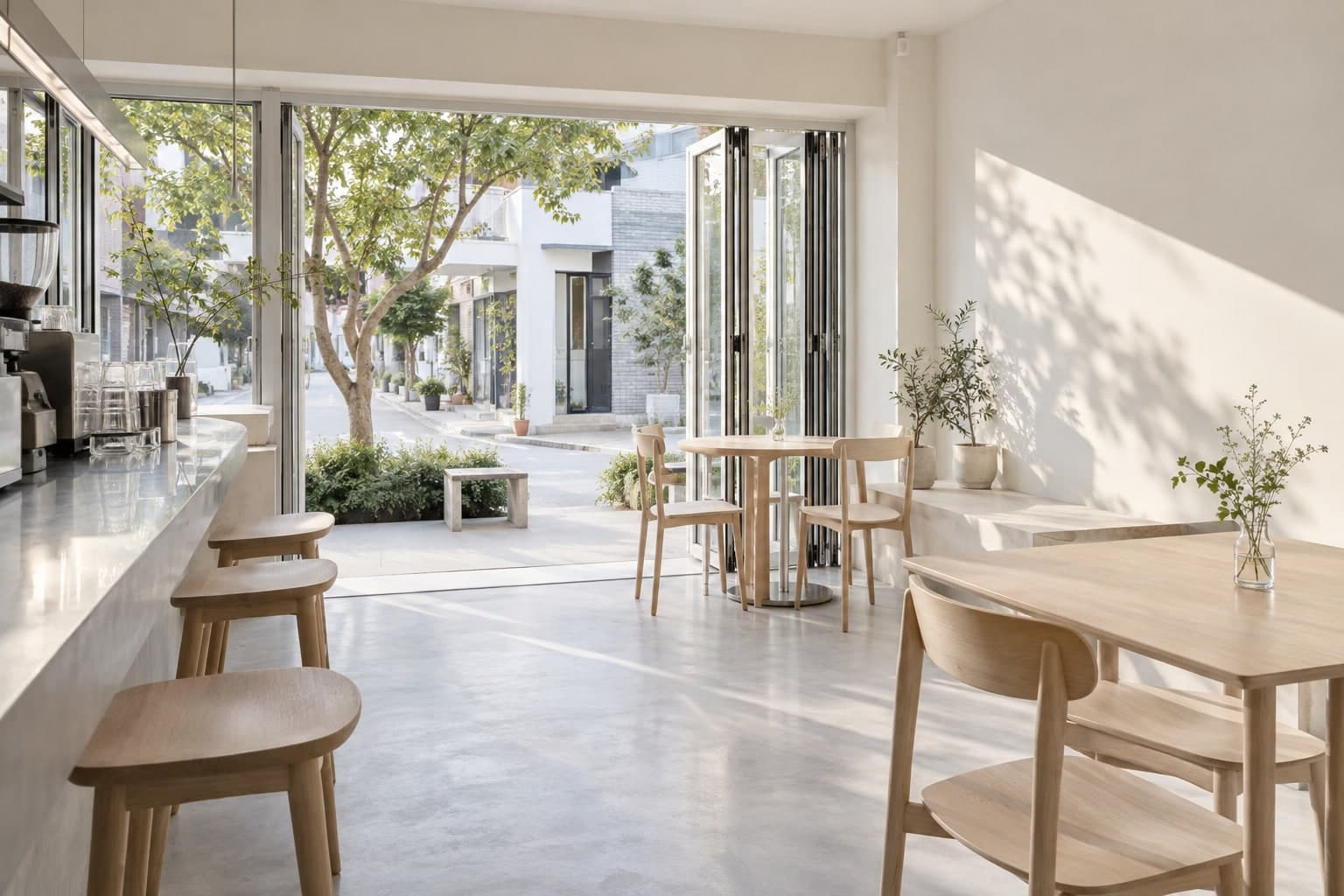 Afternoon light on folding glass doors and white walls