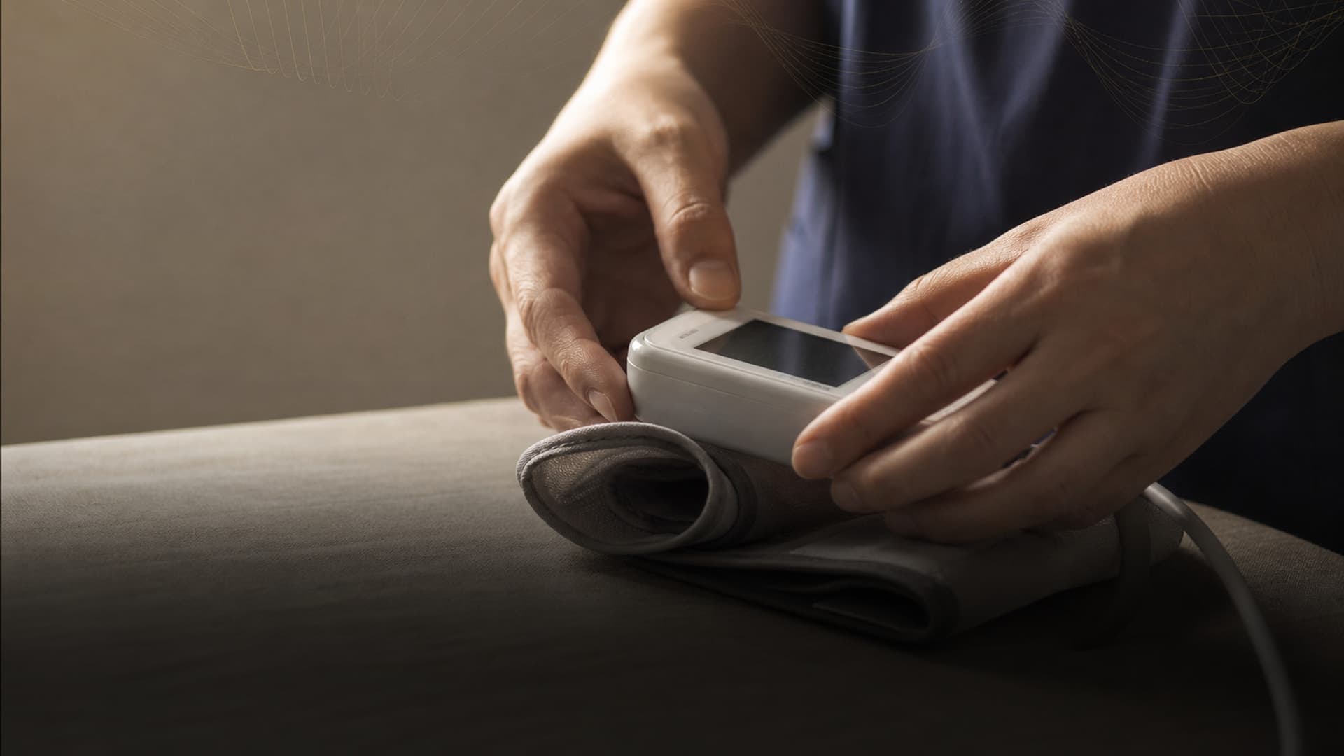 Close-up of hands adjusting a diagnostic device, calm and quiet mood