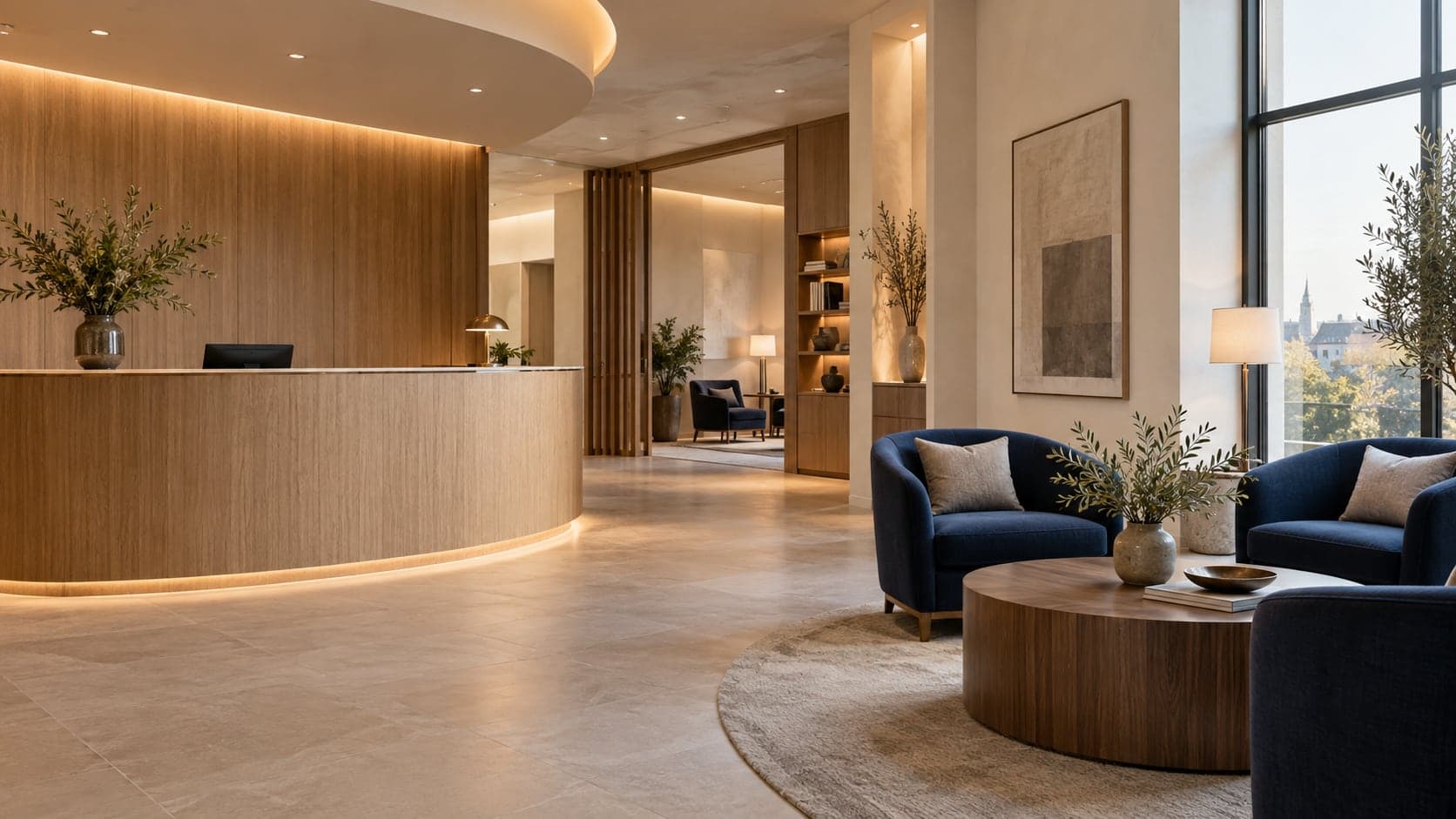 Maren Clinic's oak reception desk and navy consultation lounge