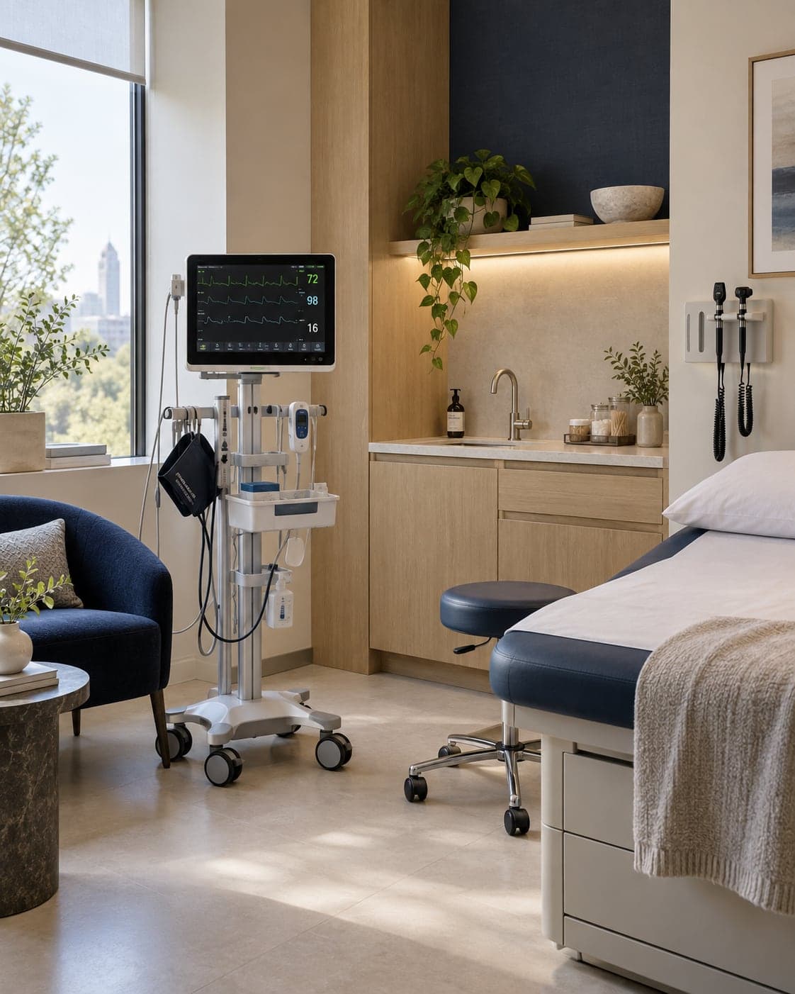 Vital-sign monitor beside a private examination couch at Maren Clinic