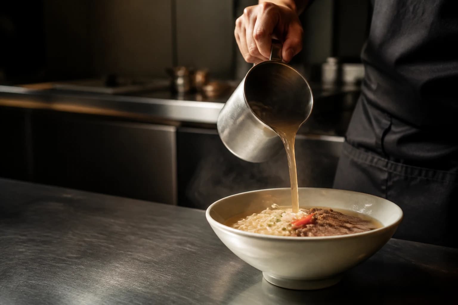 Clear broth being poured into a noodle bowl