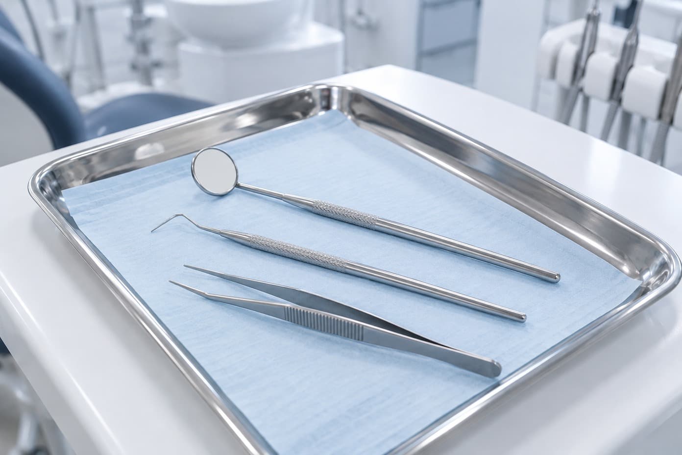 A tray holding a dental mirror and instruments