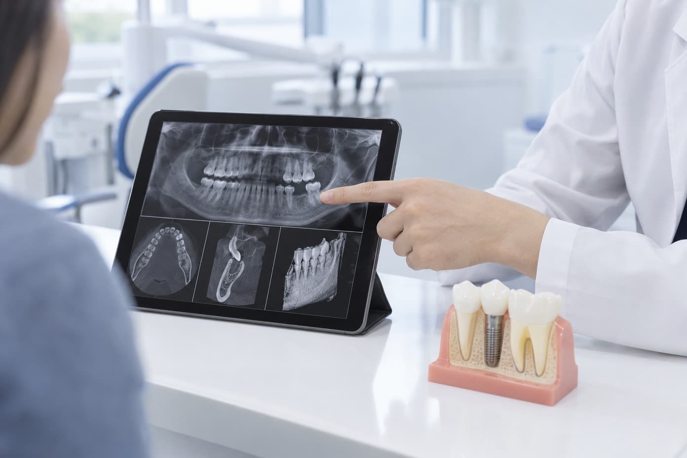A hand pointing at a CT image during an implant consultation
