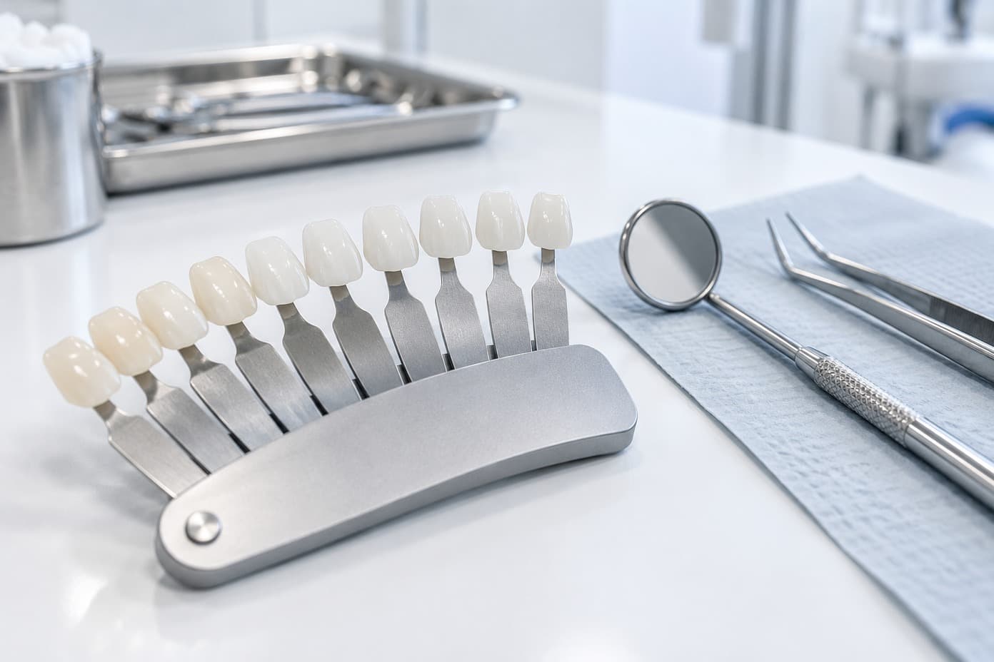 A shade guide for front teeth and dental tools