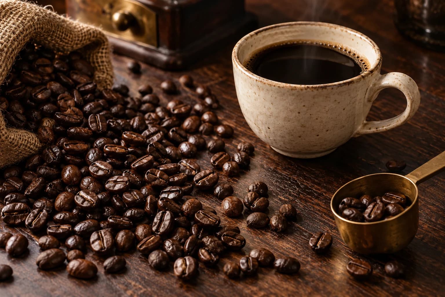 Roasted coffee beans and an Americano on a dark walnut table