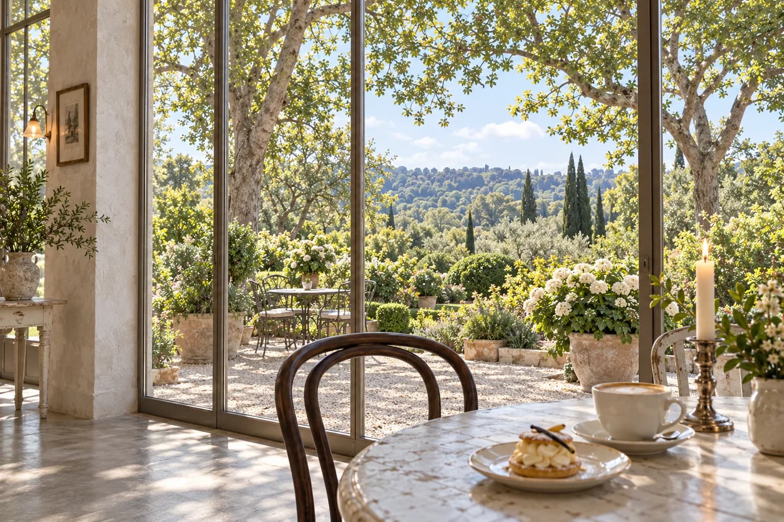 Garden and a cafe table beside the full-height window