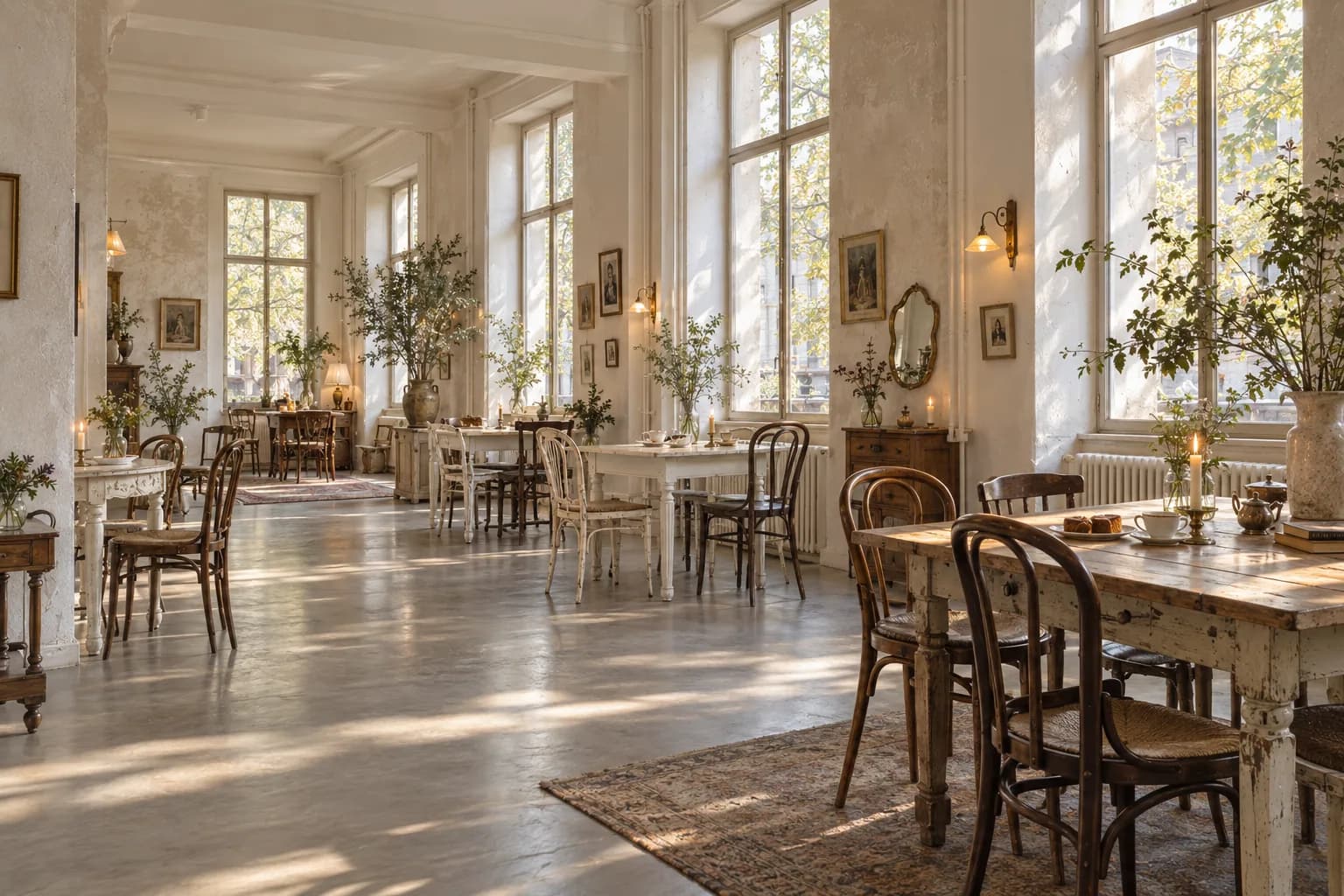 Antique tables beside the cafe's tall windows with trees beyond