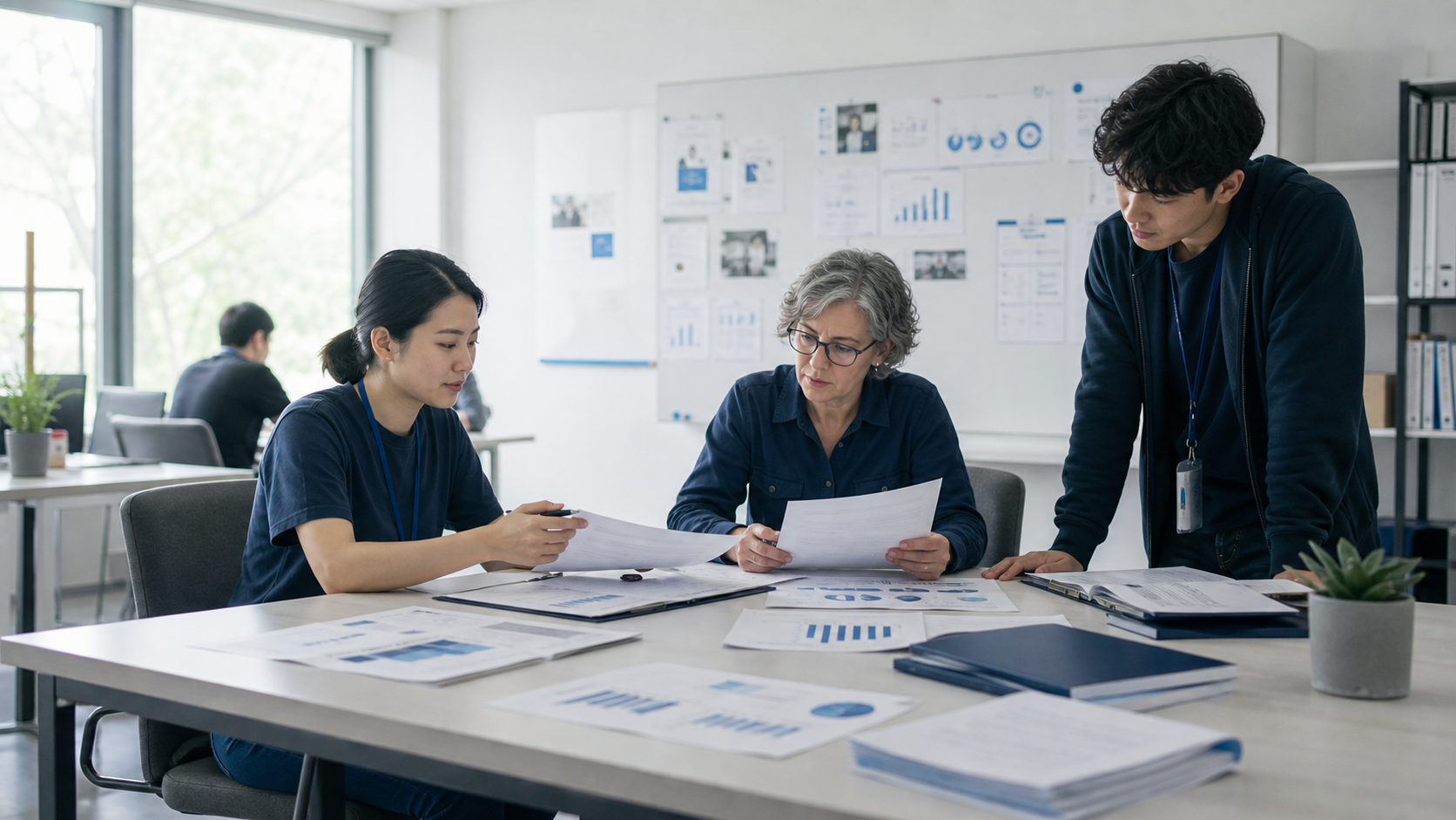 Foundation staff reviewing program records in a community operations room