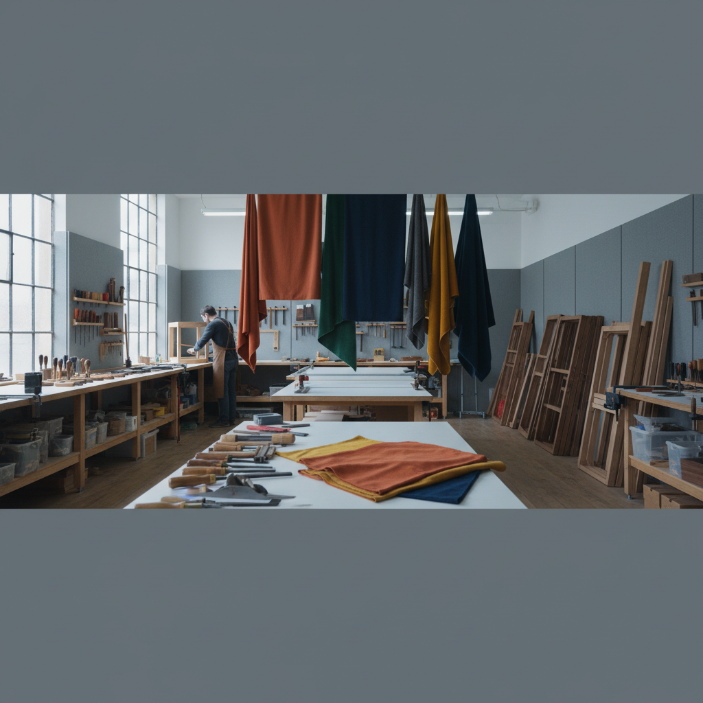 Wide panoramic view of a small furniture workshop interior