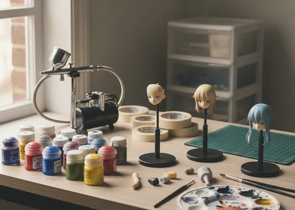 Airbrush bench with masked figure parts on stands