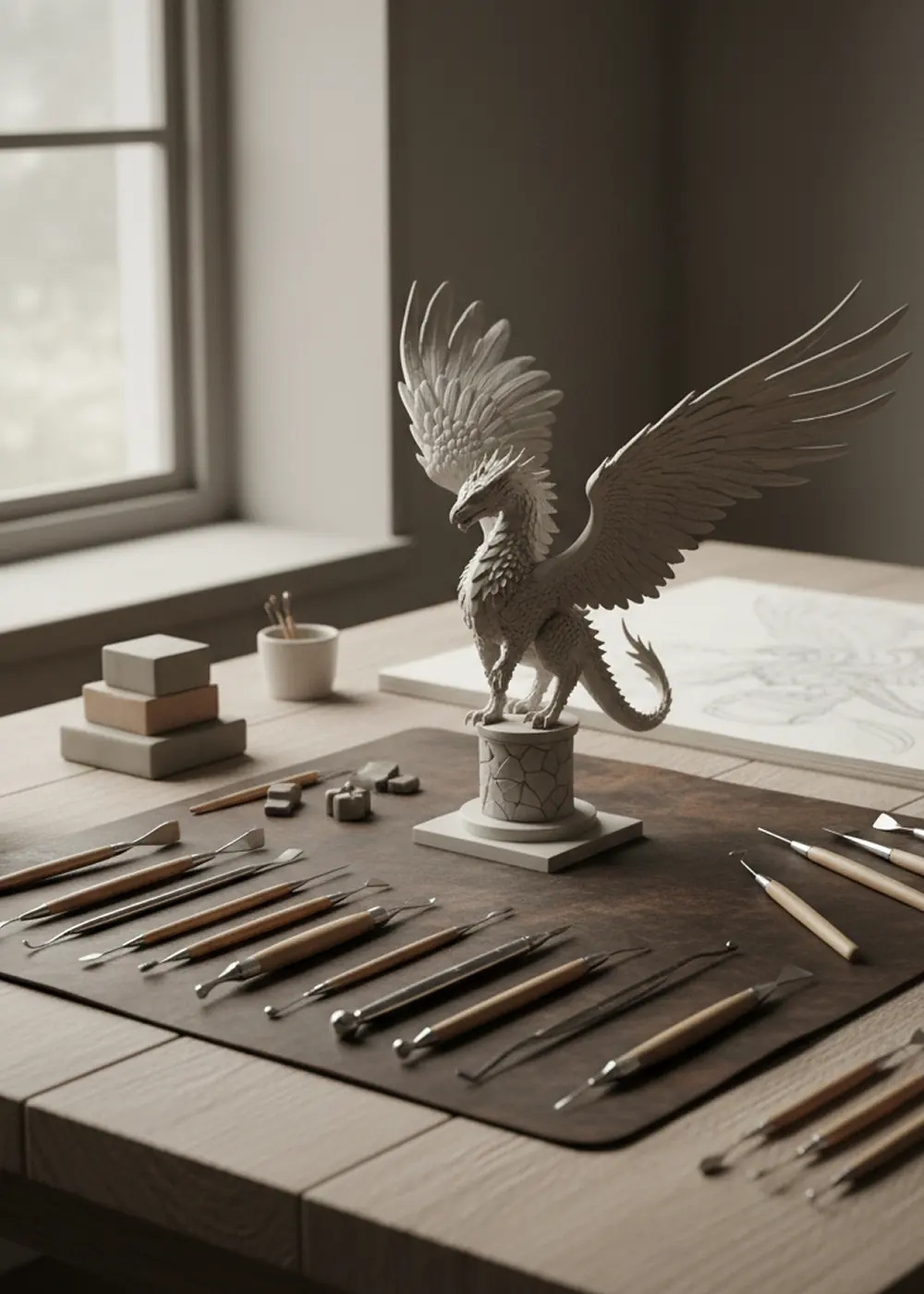 Sculpting desk with a clay maquette and tools