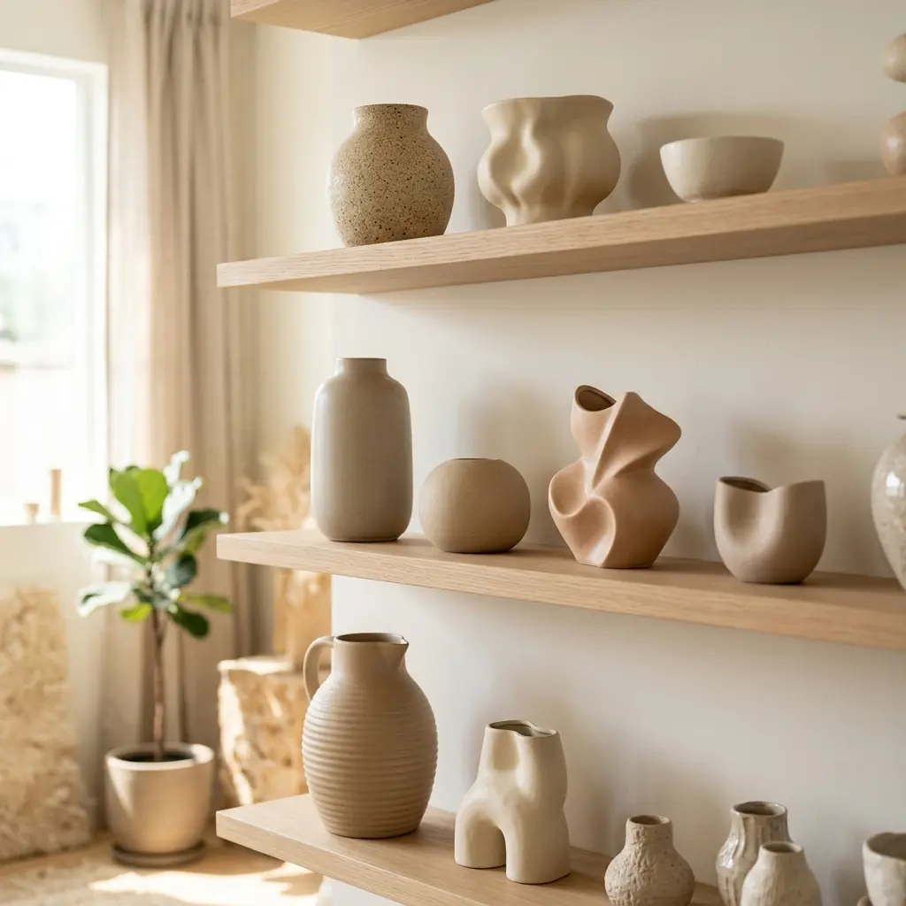 Aesthetic designer toys and ceramic objects on a minimalist shelf