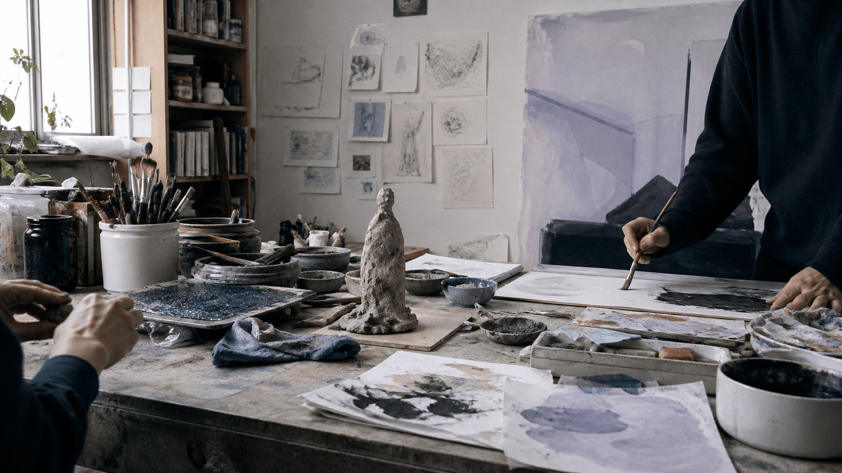 Artists working with paint, paper and clay in a studio